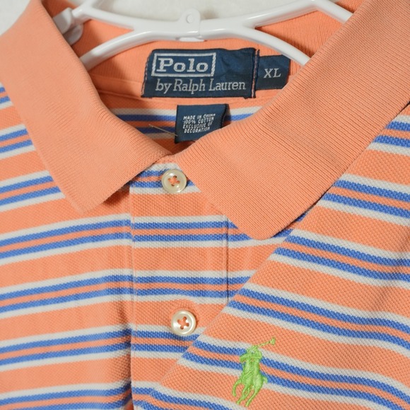 Polo Ralph Lauren Cotton Golf Shirt Men's XL Orange Blue Striped Pony Classic - Picture 1 of 8